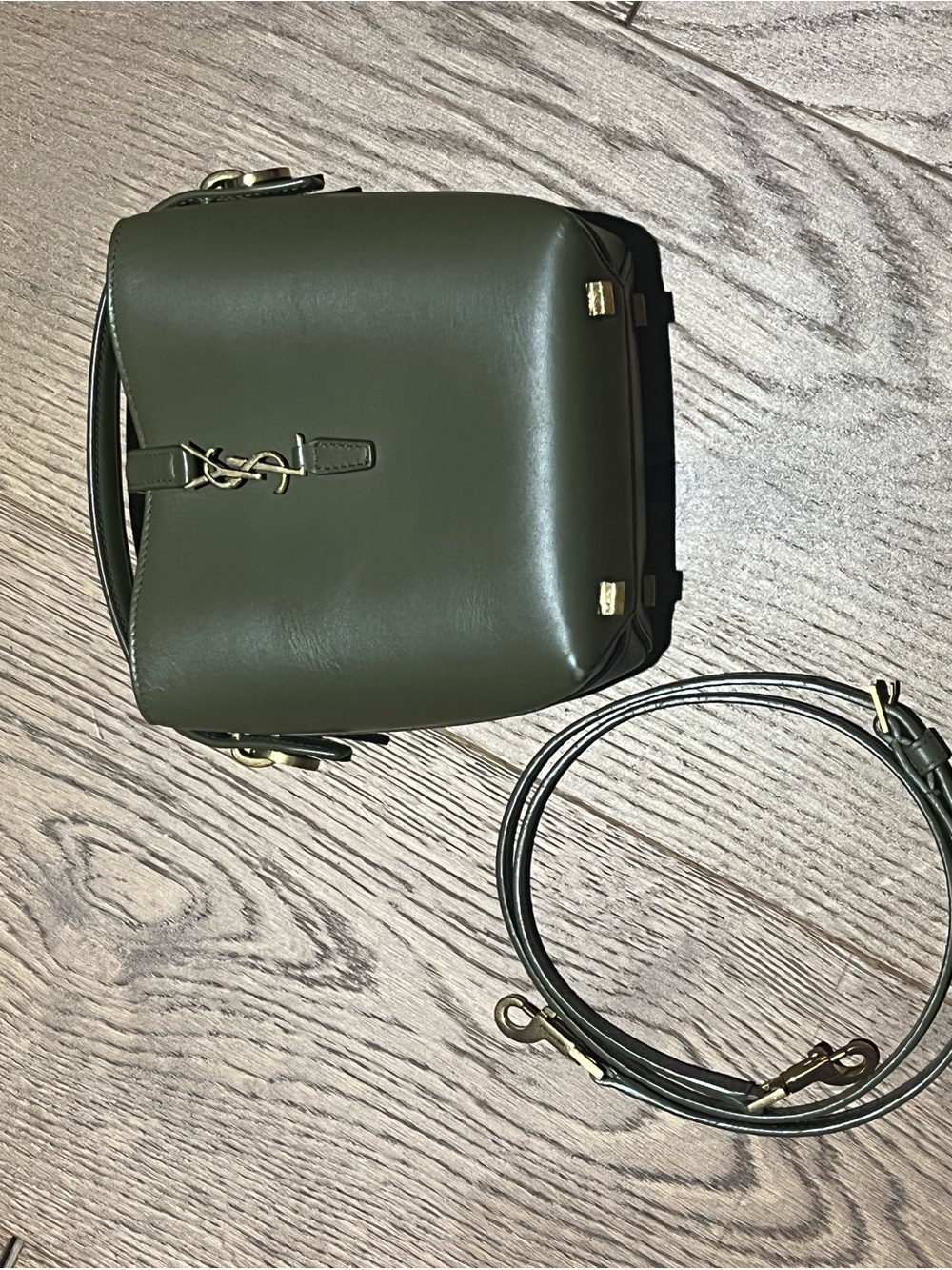 Saint Laurent Dark Olive Leather Bucket Shoulder Bag with Gold YSL - Picture 5 of 5